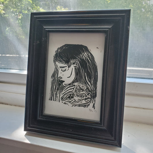 Cat Cuddles - Original Linocut Print