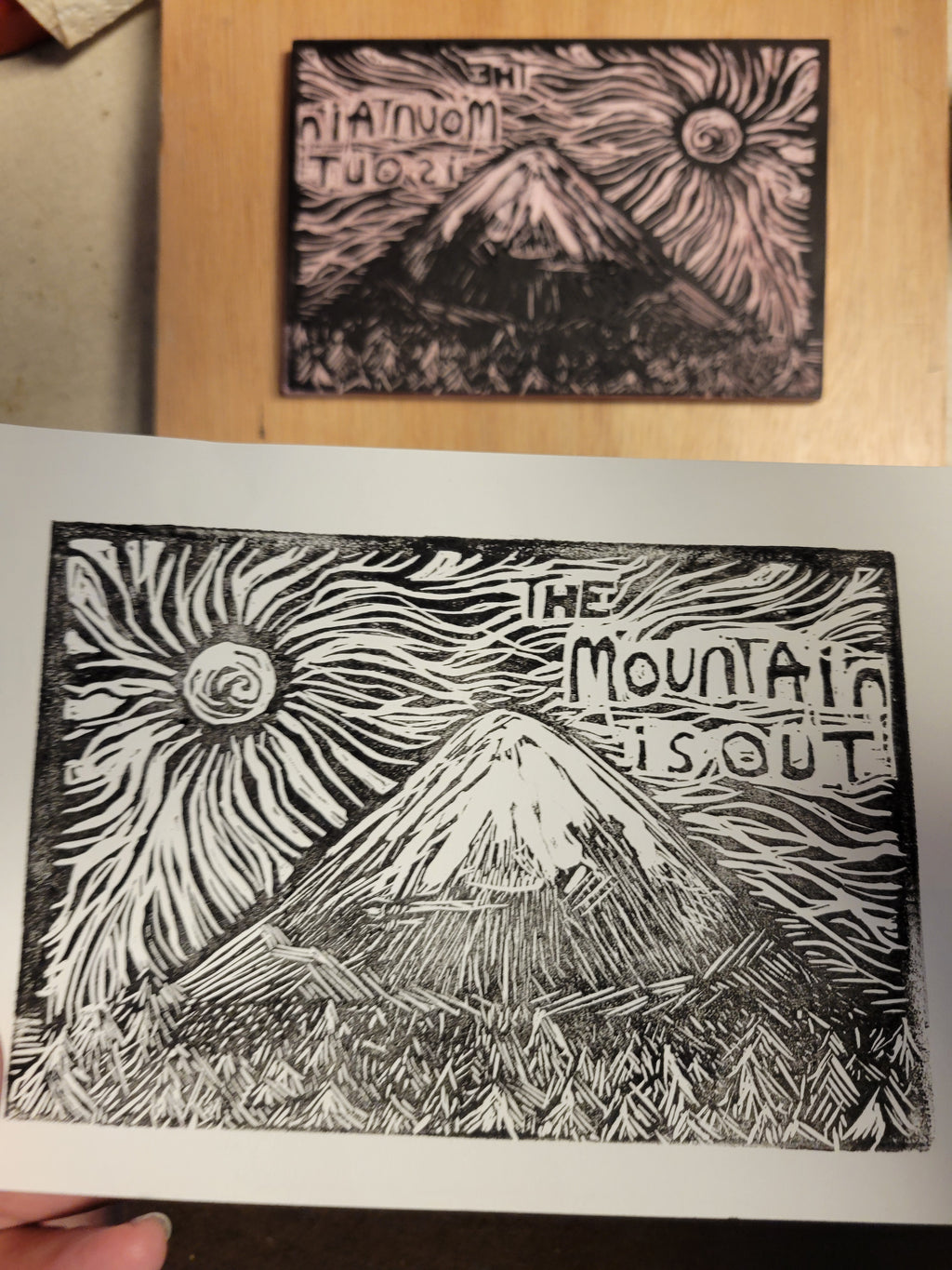 The Mountain is Out - Linoleum Block Print