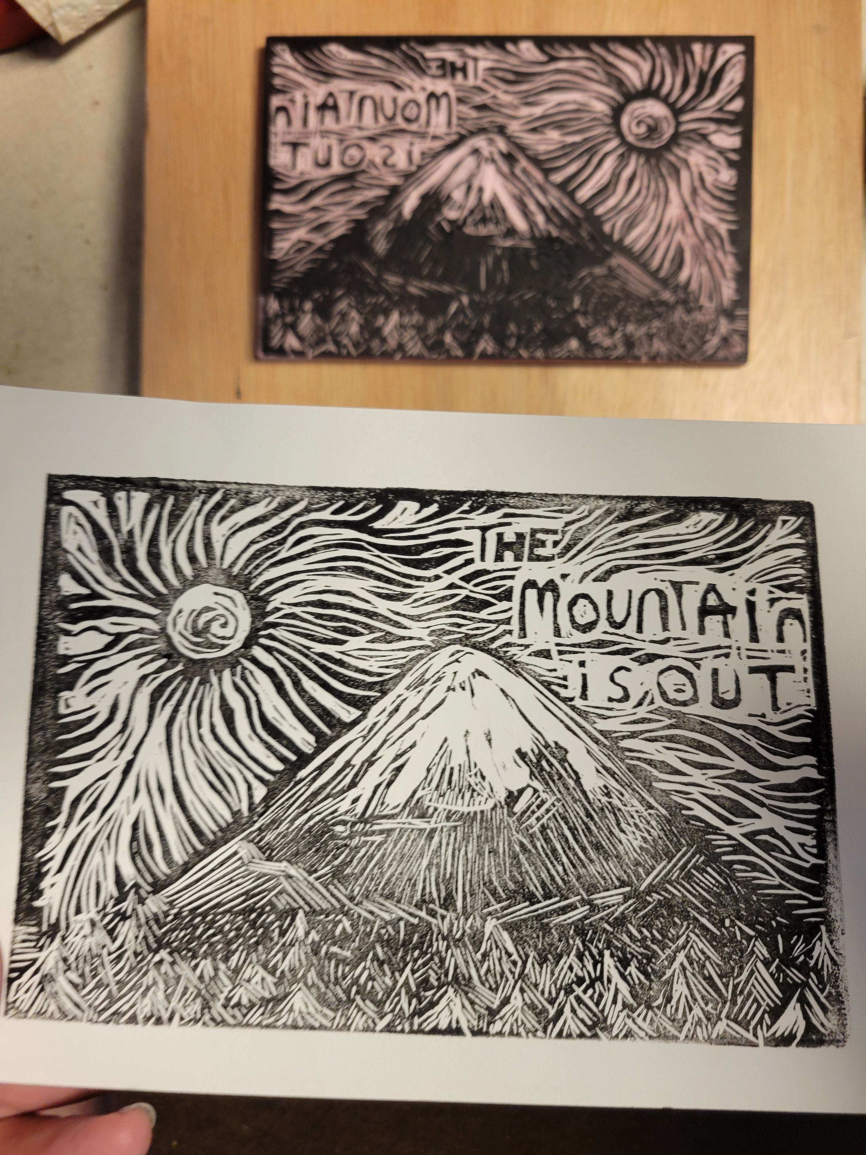 The Mountain is Out - Linoleum Block Print