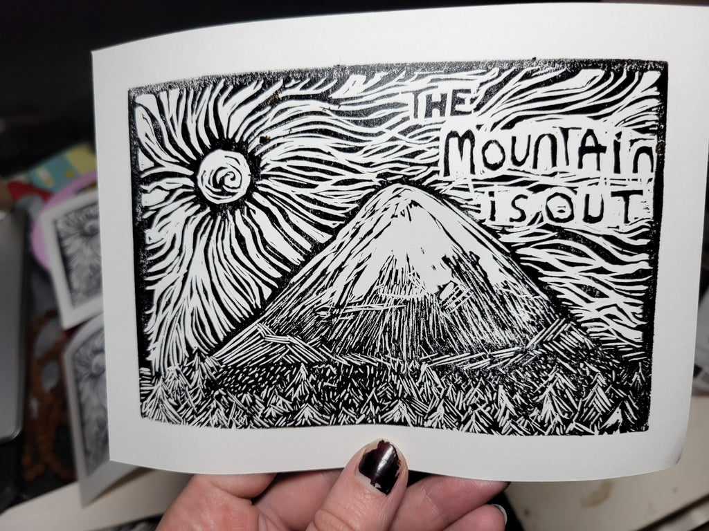 The Mountain is Out - Linoleum Block Print