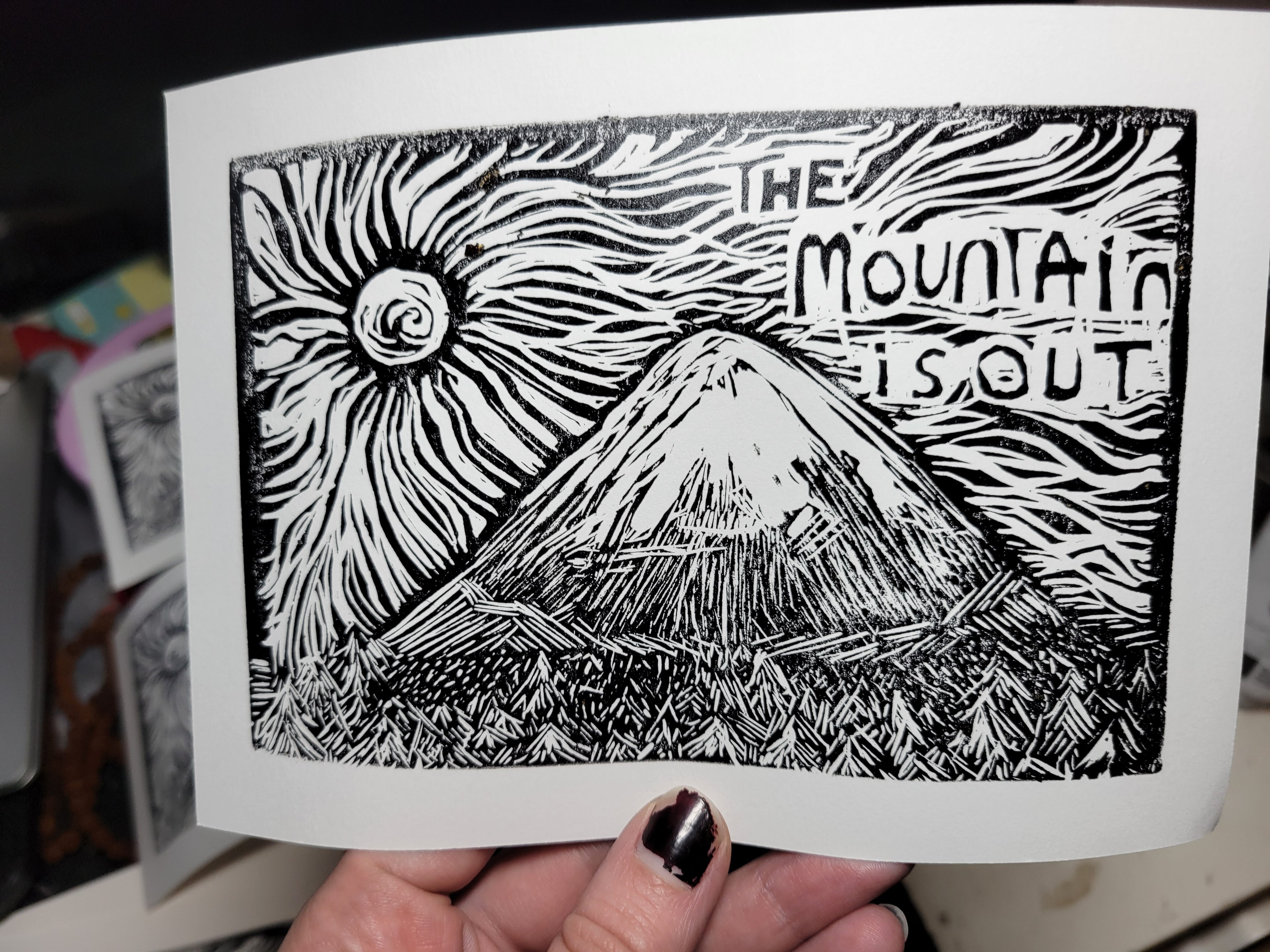 The Mountain is Out - Linoleum Block Print
