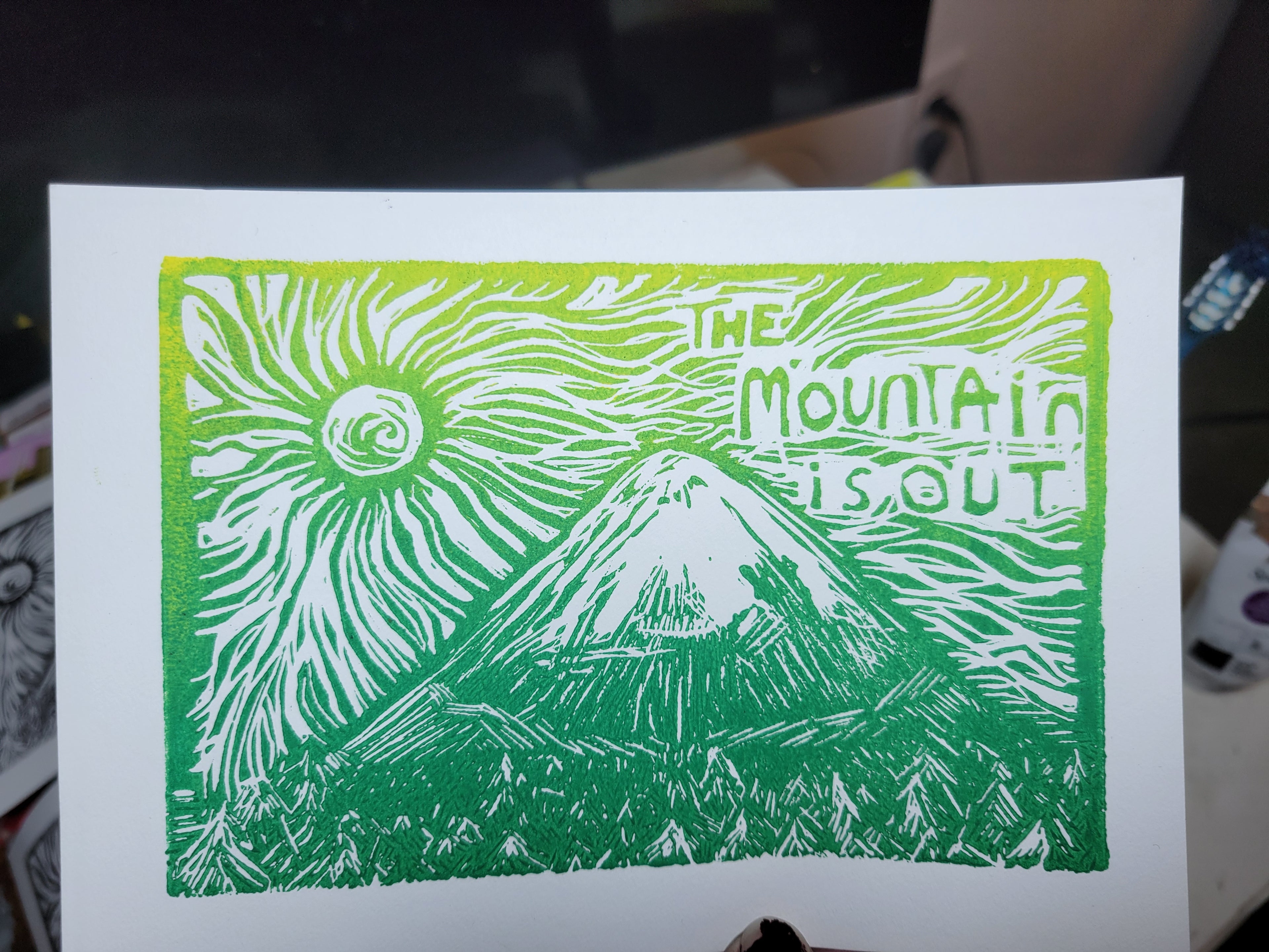 The Mountain is Out - Linoleum Block Print