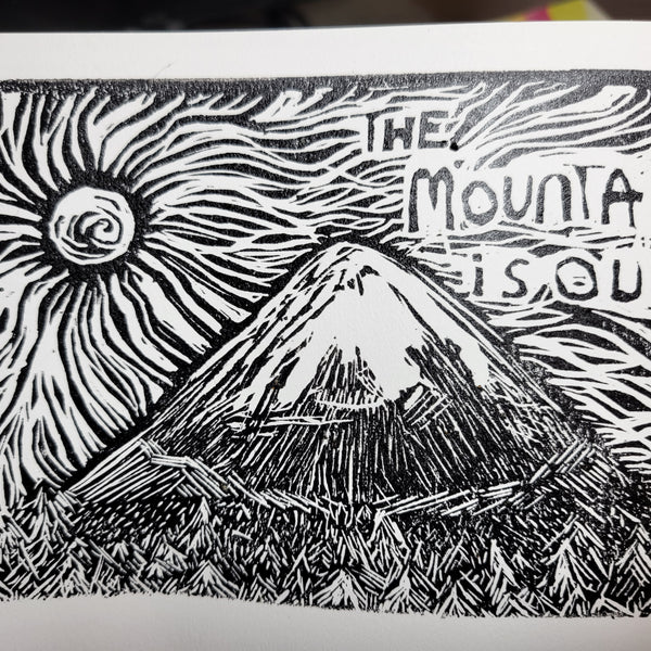 The Mountain is Out - Linoleum Block Print