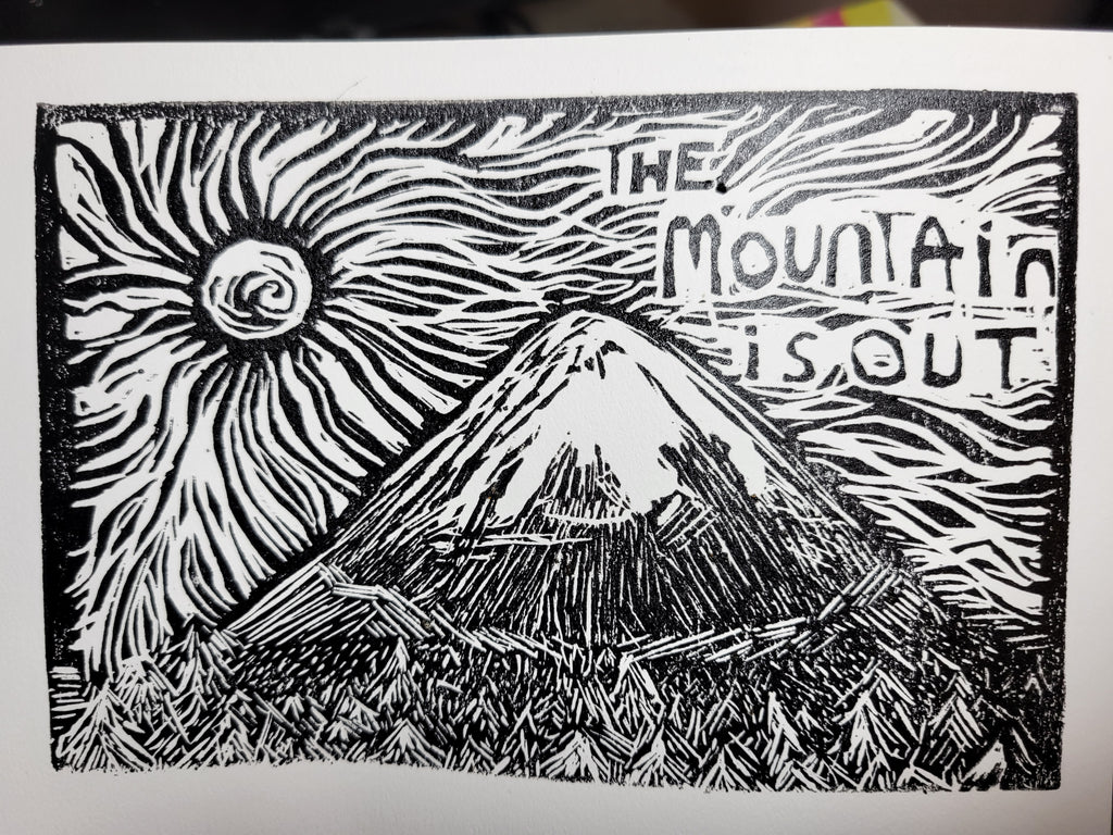 The Mountain is Out - Linoleum Block Print