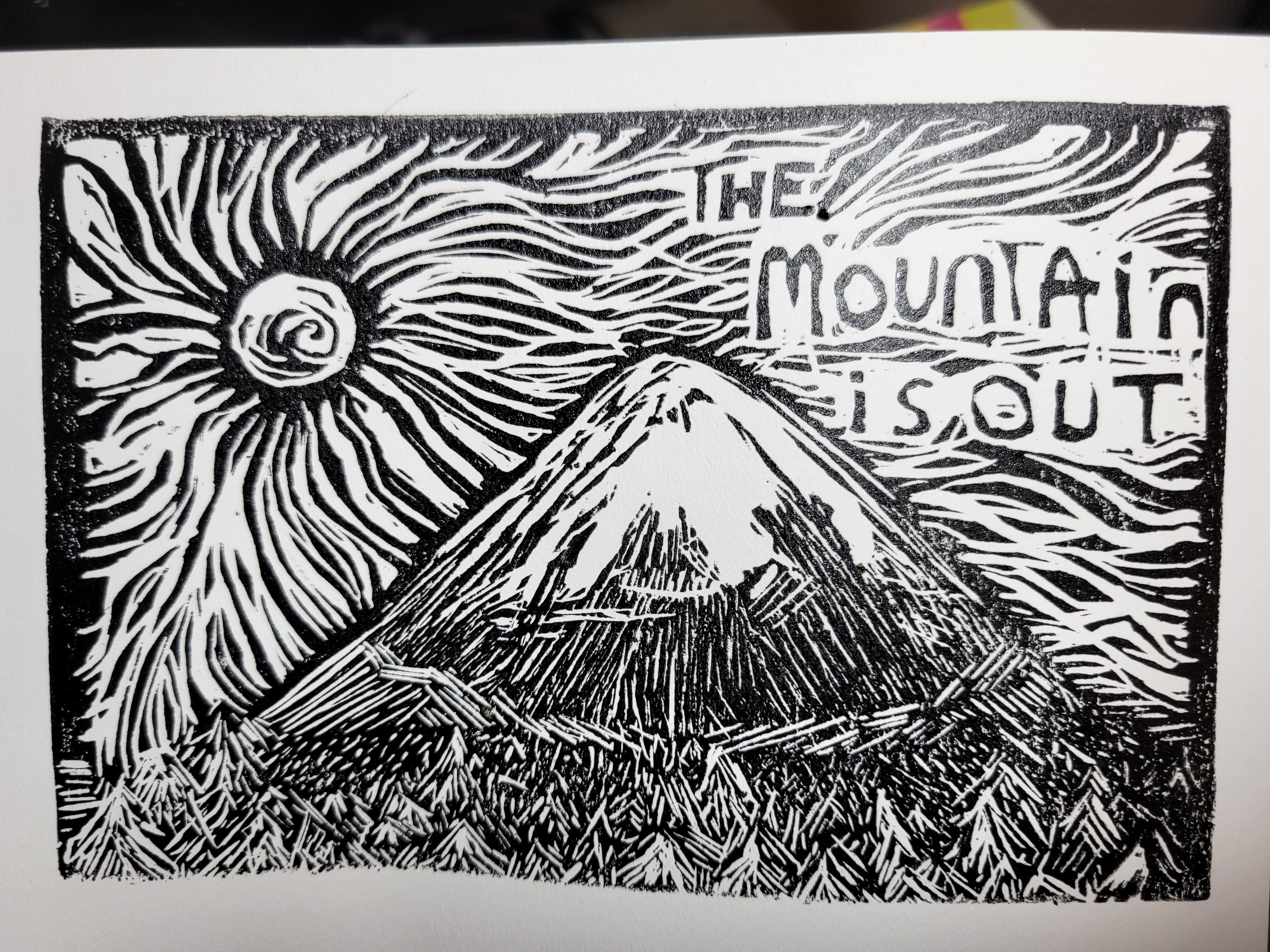 The Mountain is Out - Linoleum Block Print