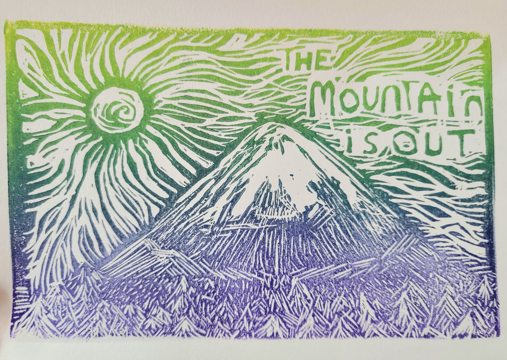 The Mountain is Out - Linoleum Block Print