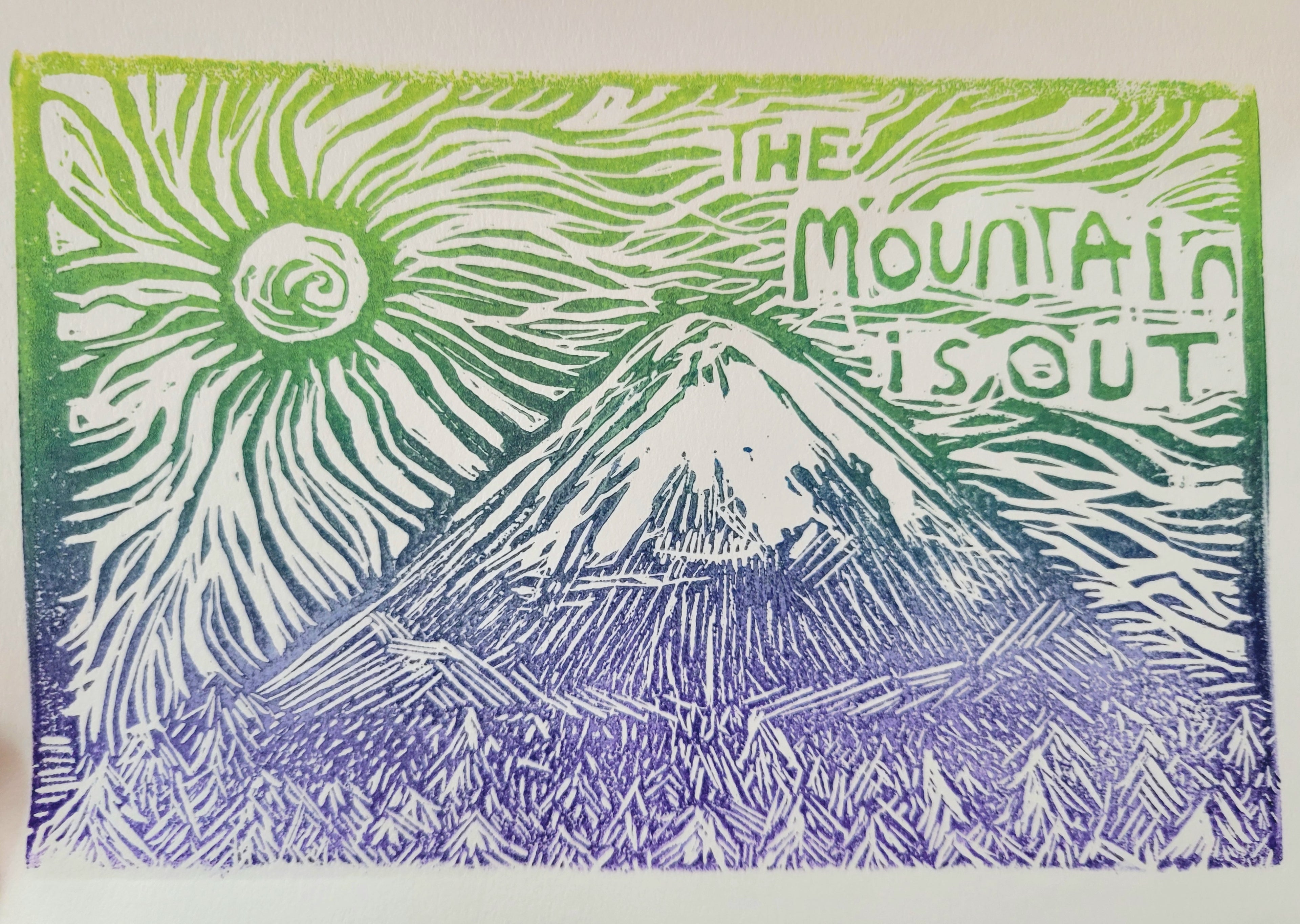 The Mountain is Out - Linoleum Block Print