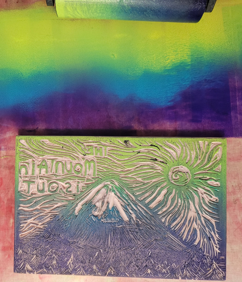 The Mountain is Out - Linoleum Block Print