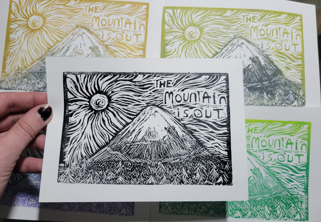 The Mountain is Out - Linoleum Block Print
