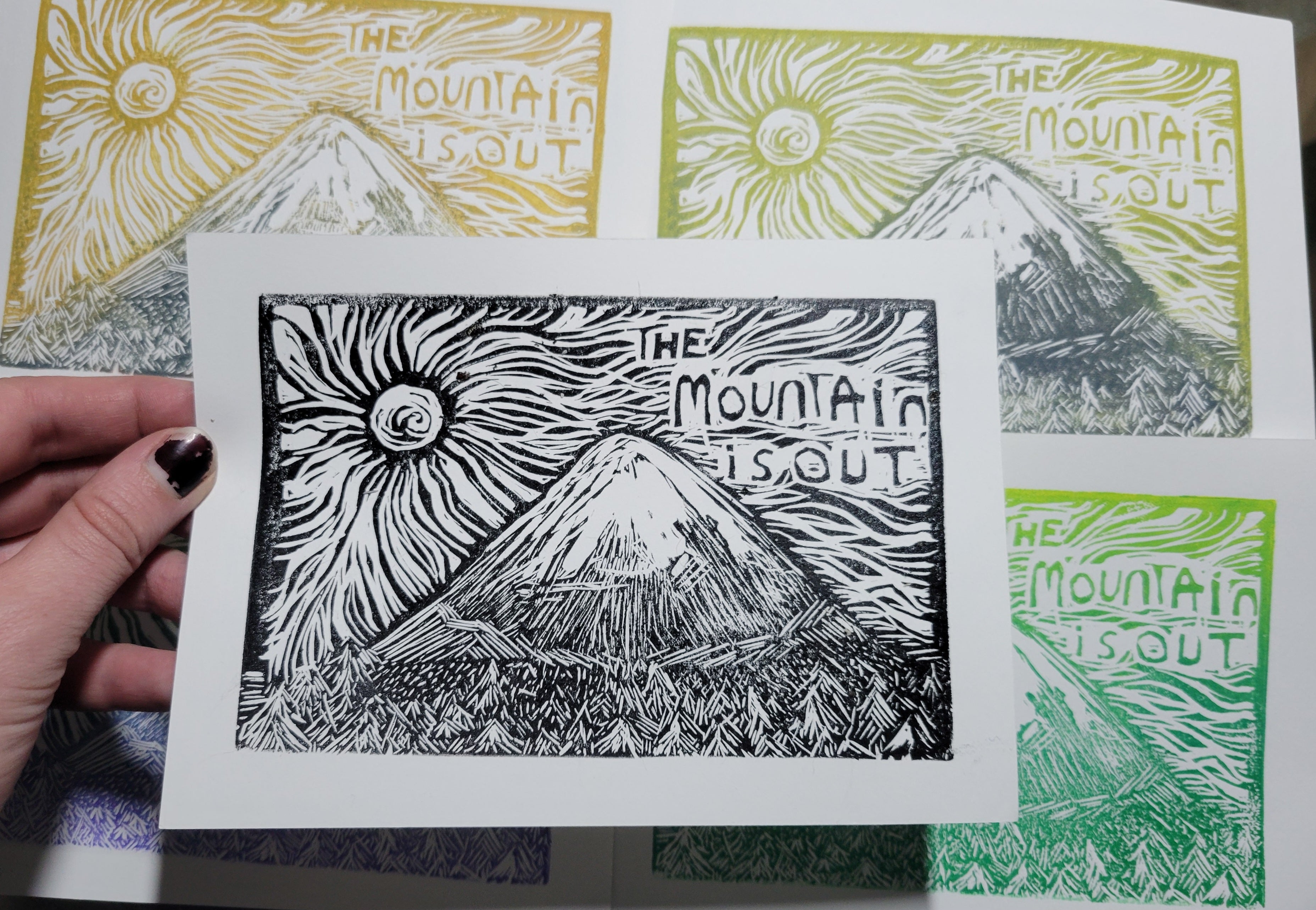 The Mountain is Out - Linoleum Block Print
