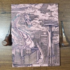 Kaiju Dragon in Seattle - Hand Printed - American Apparel T-Shirt (Adult Small)