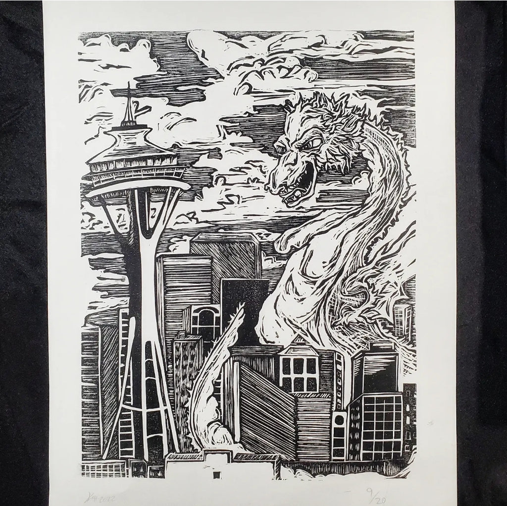 Kaiju Dragon in Seattle - Linoleum Block Print