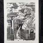 Kaiju Dragon in Seattle - Linoleum Block Print