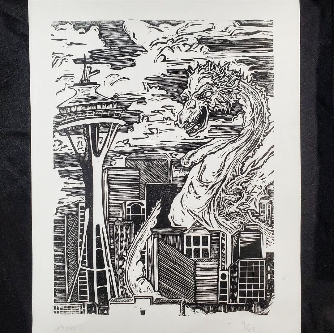 Kaiju Dragon in Seattle - Linoleum Block Print