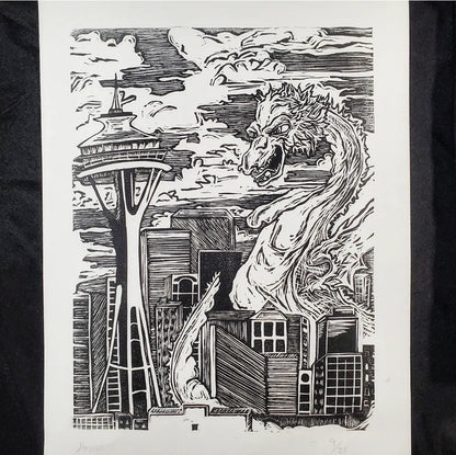 "Seattle Dragon" - Original Unframed Linocut Print - Strange in Nature