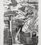 Kaiju Dragon in Seattle - Linoleum Block Print