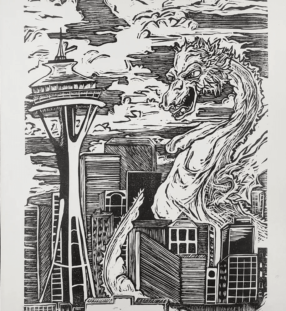 Kaiju Dragon in Seattle - Linoleum Block Print