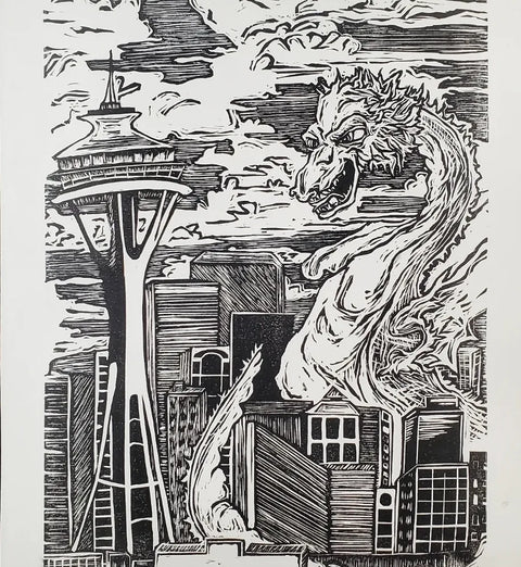 "Seattle Dragon" - Original Unframed Linocut Print - Strange in Nature