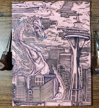 "Seattle Dragon" - Original Unframed Linocut Print - Strange in Nature