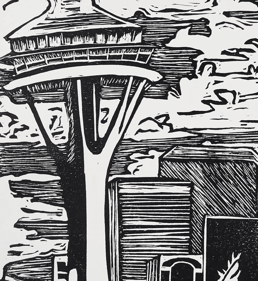 Kaiju Dragon in Seattle - Linoleum Block Print