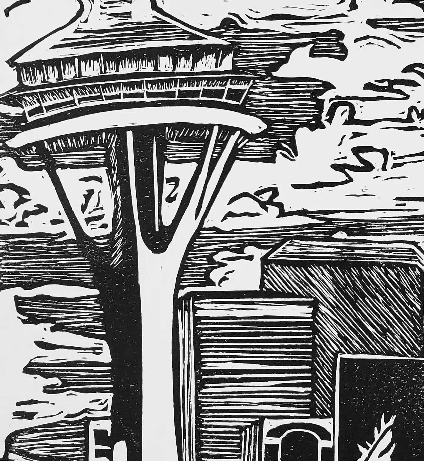 Kaiju Dragon in Seattle - Linoleum Block Print