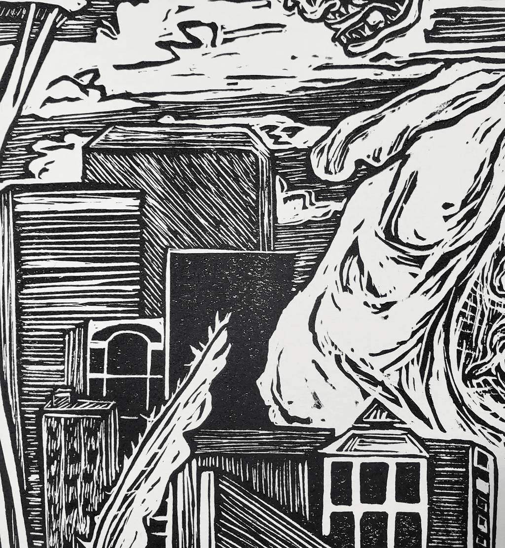 Kaiju Dragon in Seattle - Linoleum Block Print