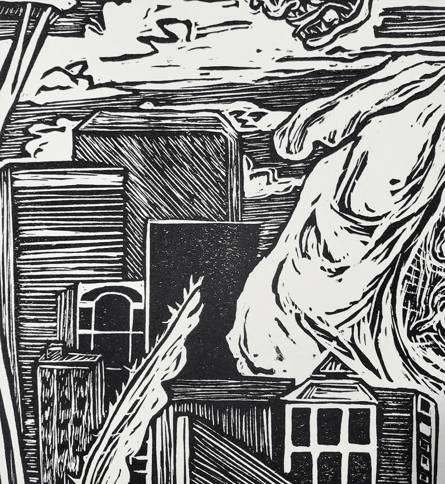 Kaiju Dragon in Seattle - Linoleum Block Print