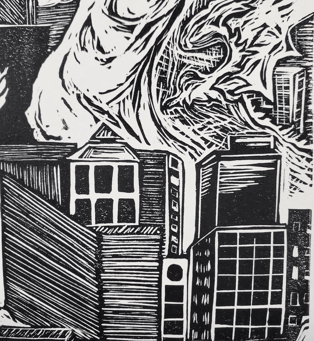 Kaiju Dragon in Seattle - Linoleum Block Print