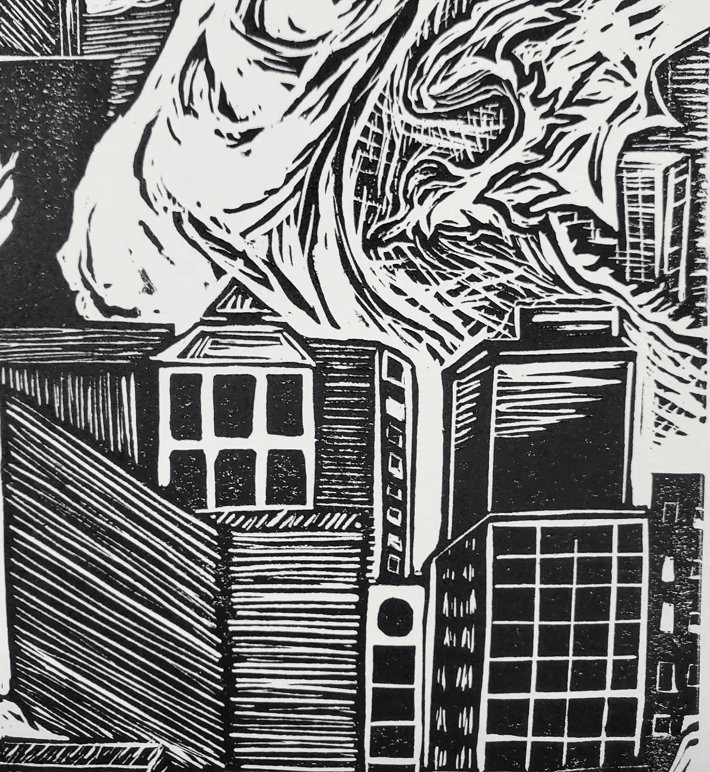 Kaiju Dragon in Seattle - Linoleum Block Print