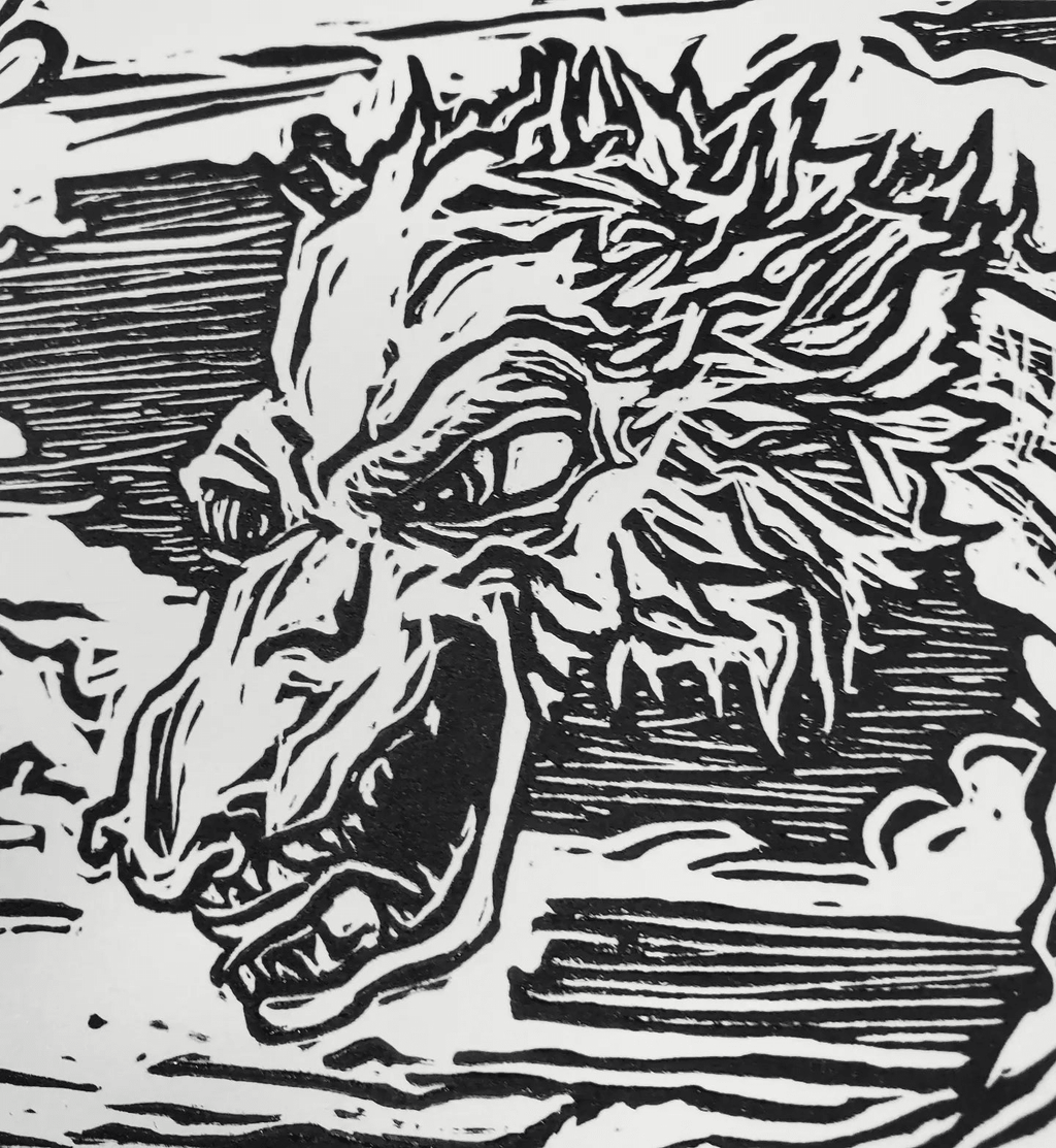 Kaiju Dragon in Seattle - Linoleum Block Print