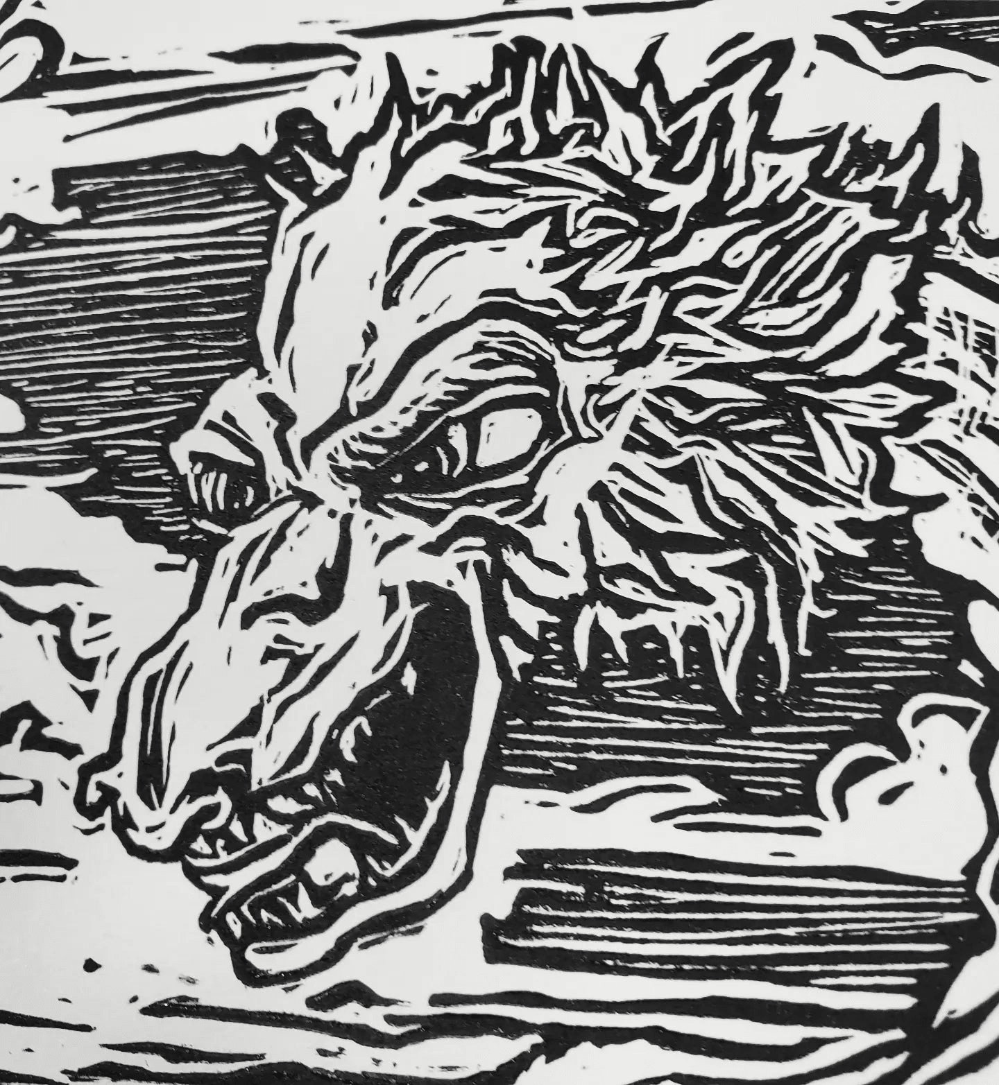Kaiju Dragon in Seattle - Linoleum Block Print