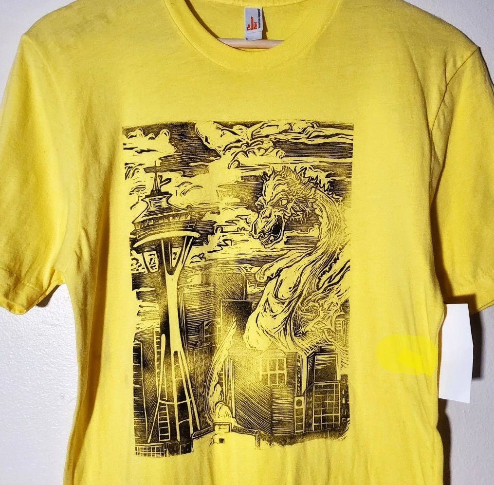 Kaiju Dragon in Seattle - Hand Printed - American Apparel T-Shirt (Adult Small)