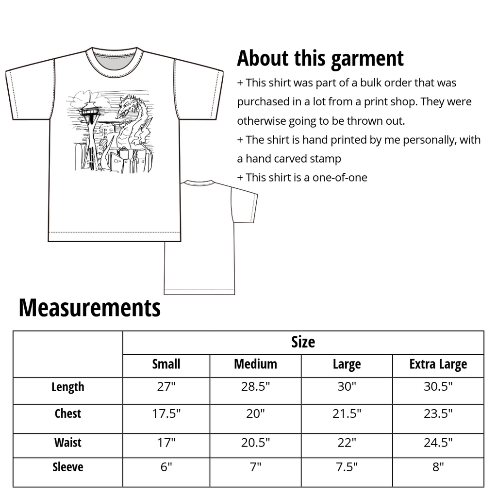 Kaiju Dragon in Seattle - Hand Printed - Gildan T-Shirt (Adult S, M, L, XL)