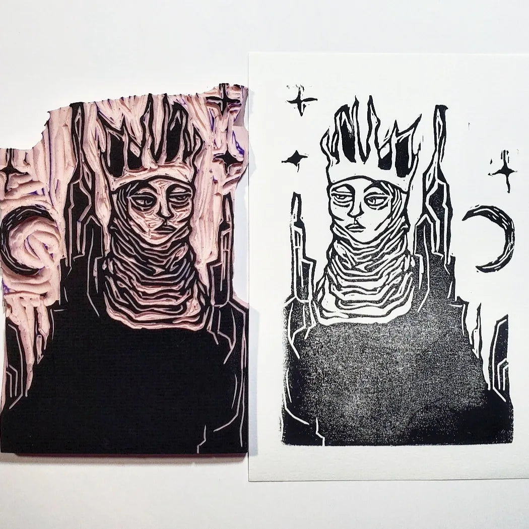 Queen of Cats - Hand Printed Original Linocut Print