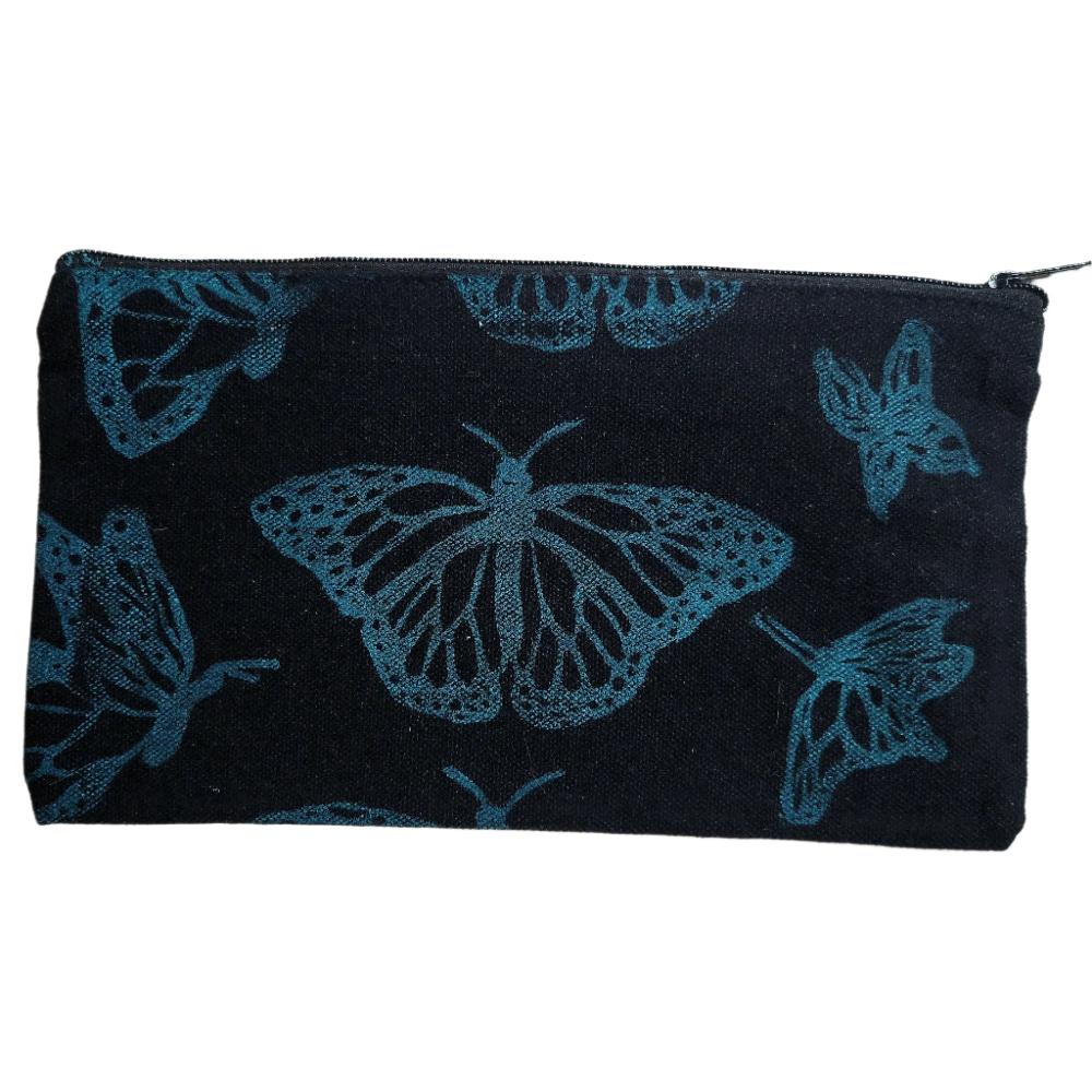 A black coin pouch with turquoise butterflies printed throughout.