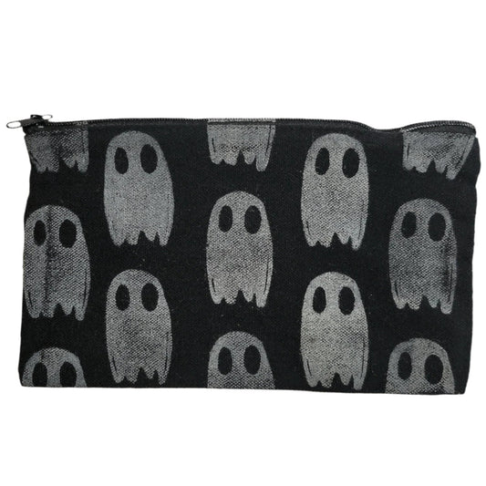 A black canvas coin pouch with white ghosts printed all over it.