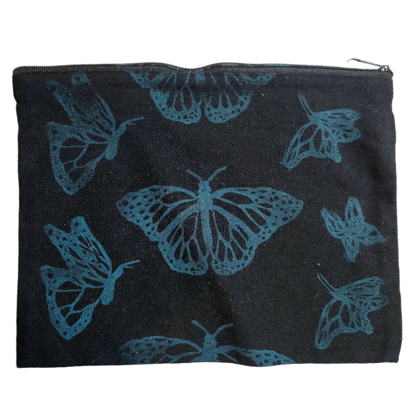 A large black canvas coin pouch with various butterflies printed all over it.