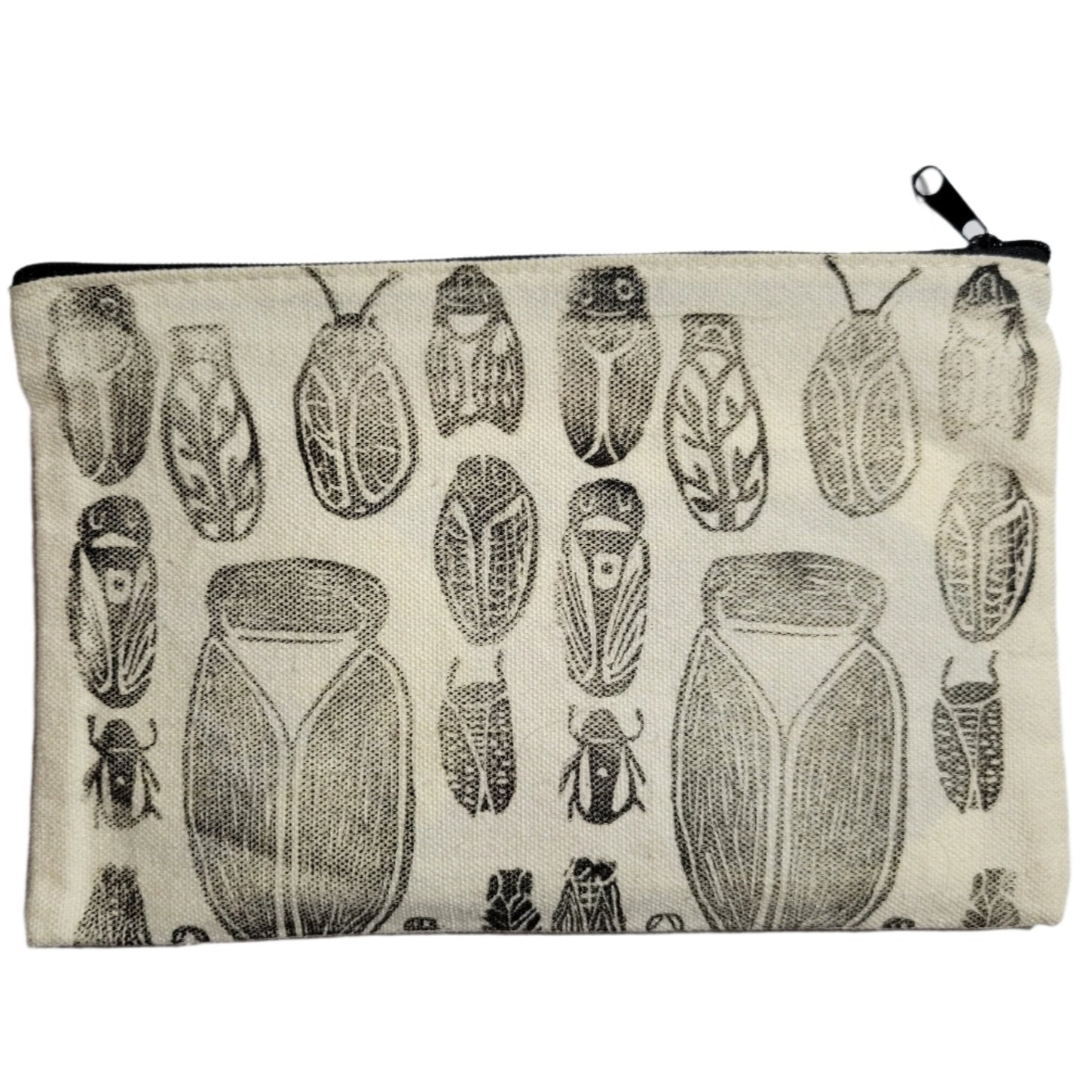 A small canvas coin pouch with cicadas printed all over it.