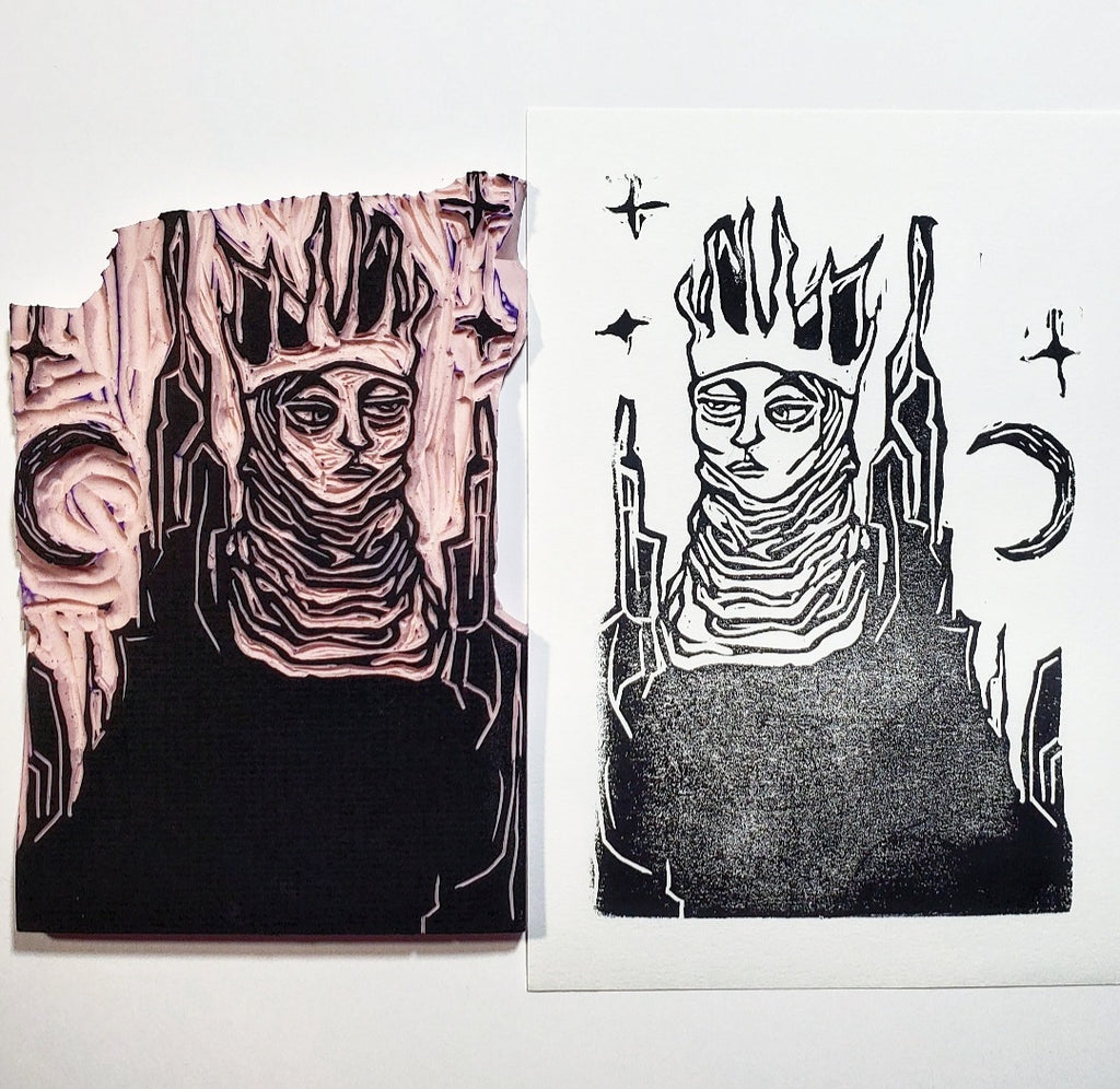 Queen of Cats - Linoleum Block Print