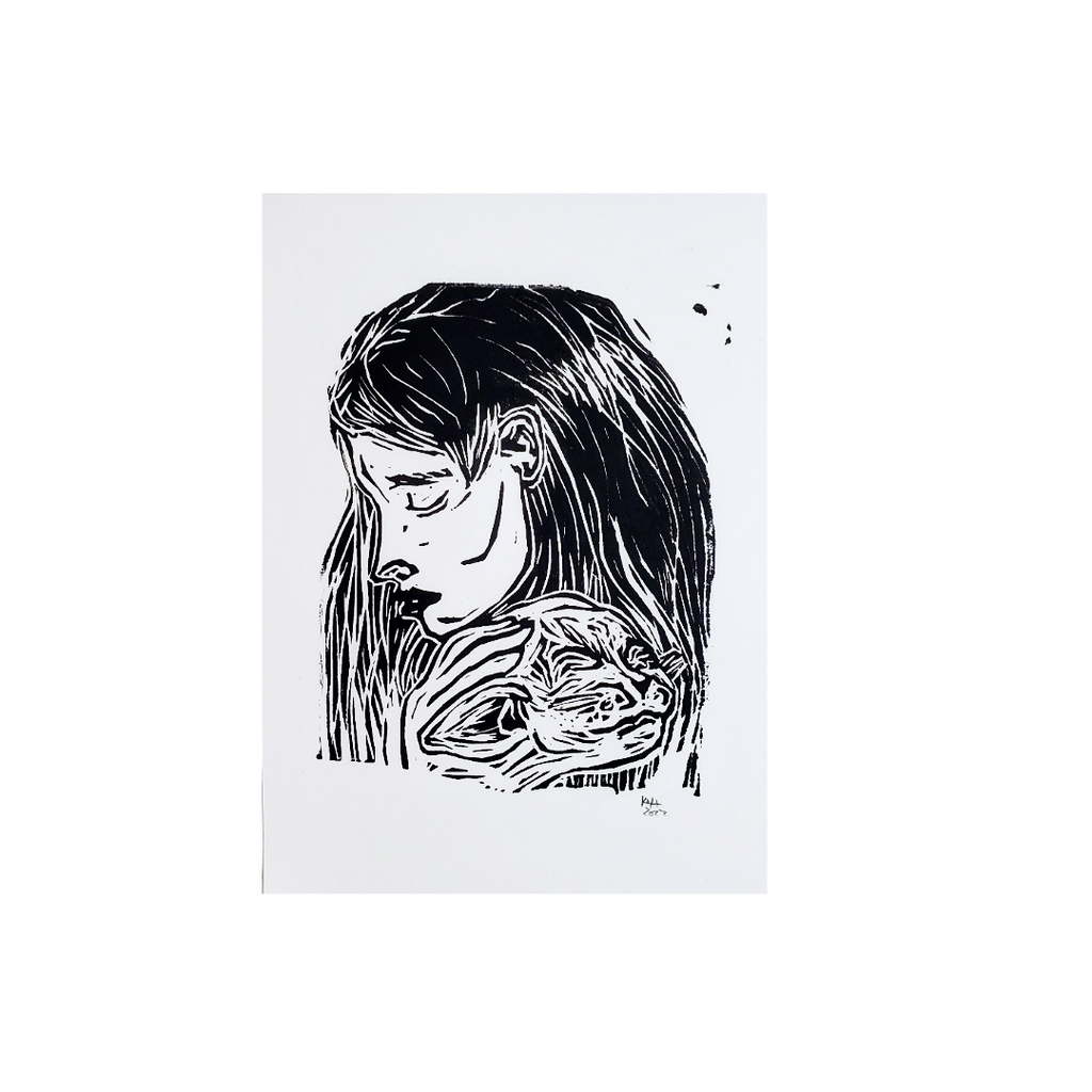 Cat Cuddles - Linoleum Block Print