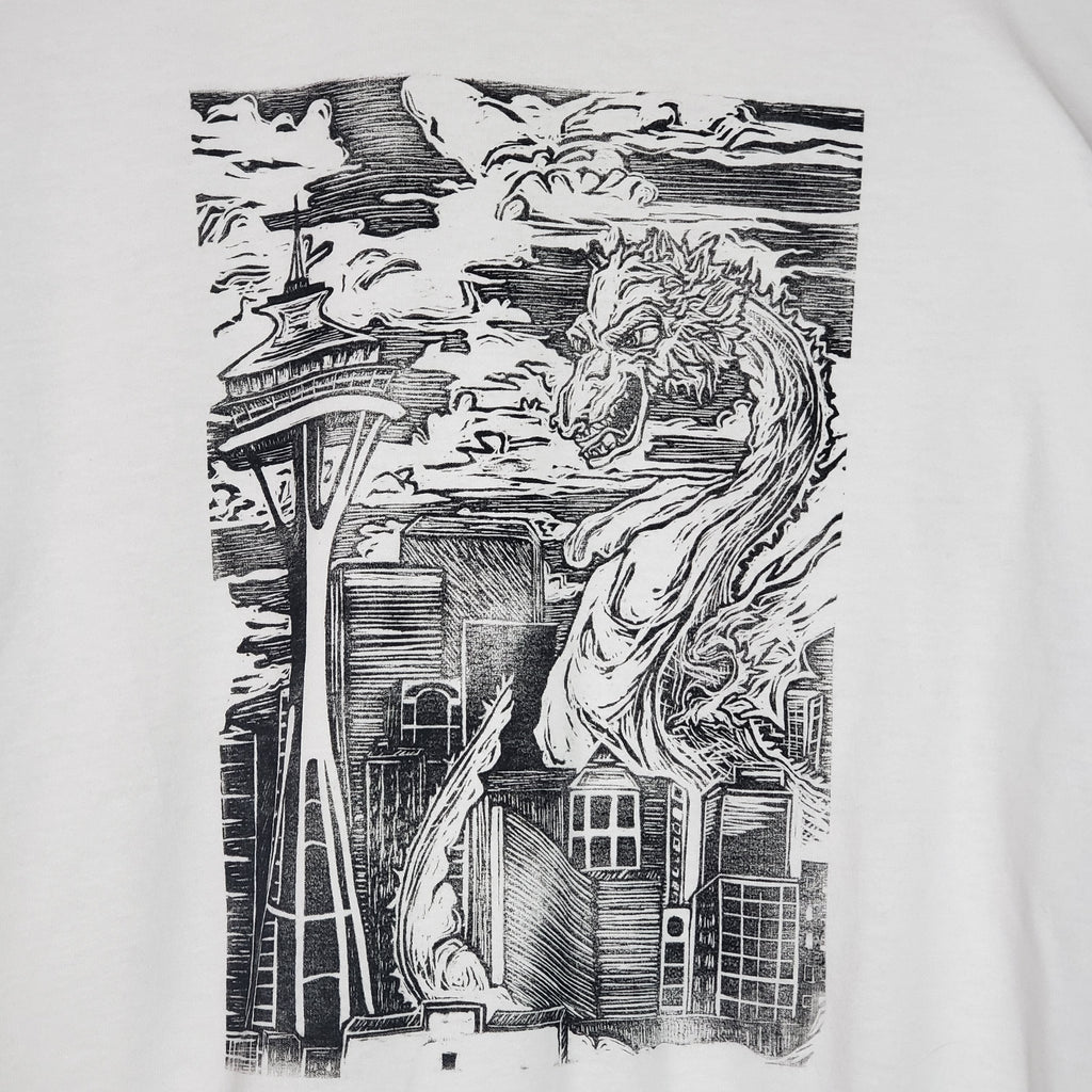 Kaiju Dragon in Seattle - Hand Printed - Gildan T-Shirt (Adult S, M, L, XL)