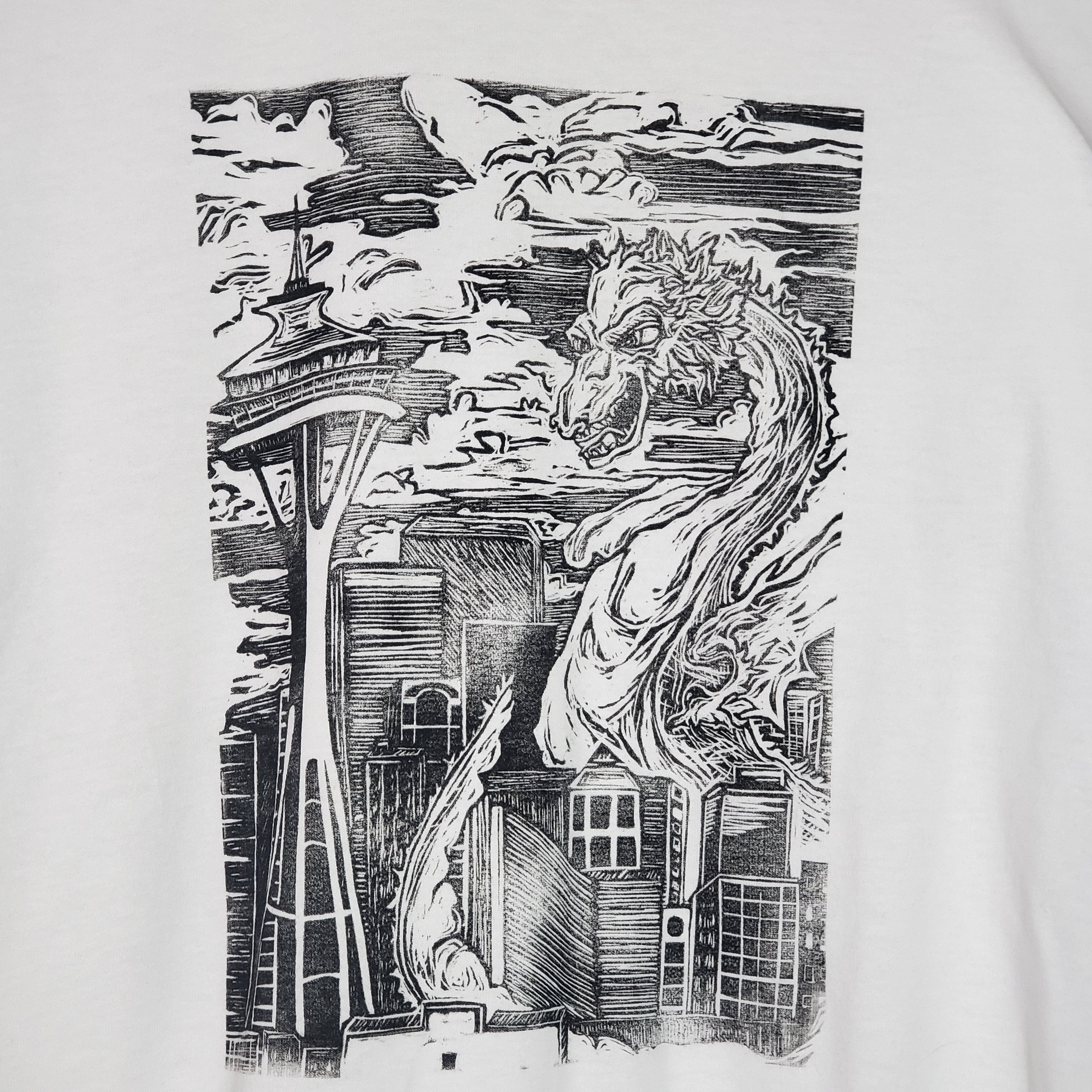 Kaiju Dragon in Seattle - Hand Printed - Gildan T-Shirt (Adult S, M, L, XL)