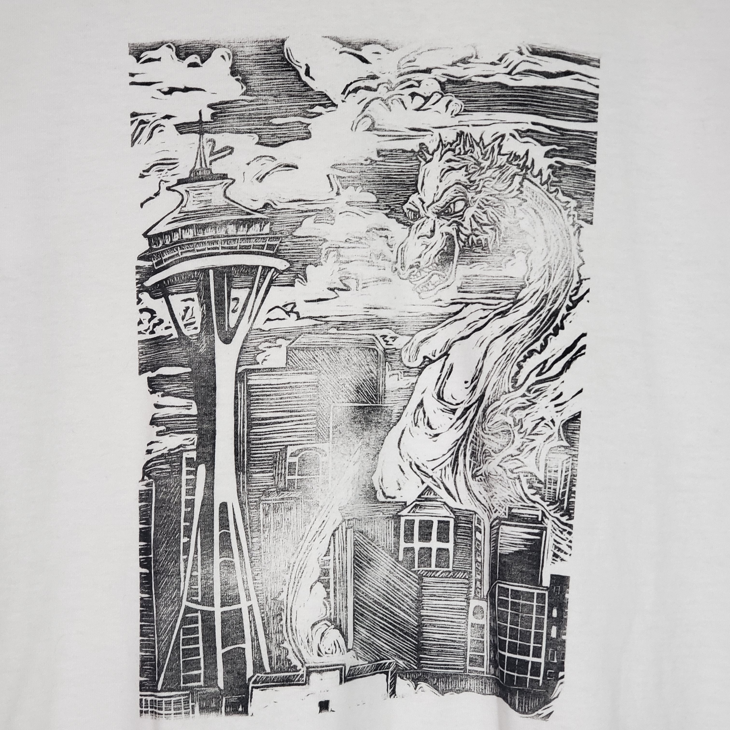 Kaiju Dragon in Seattle - Hand Printed - Gildan T-Shirt (Adult S, M, L, XL)