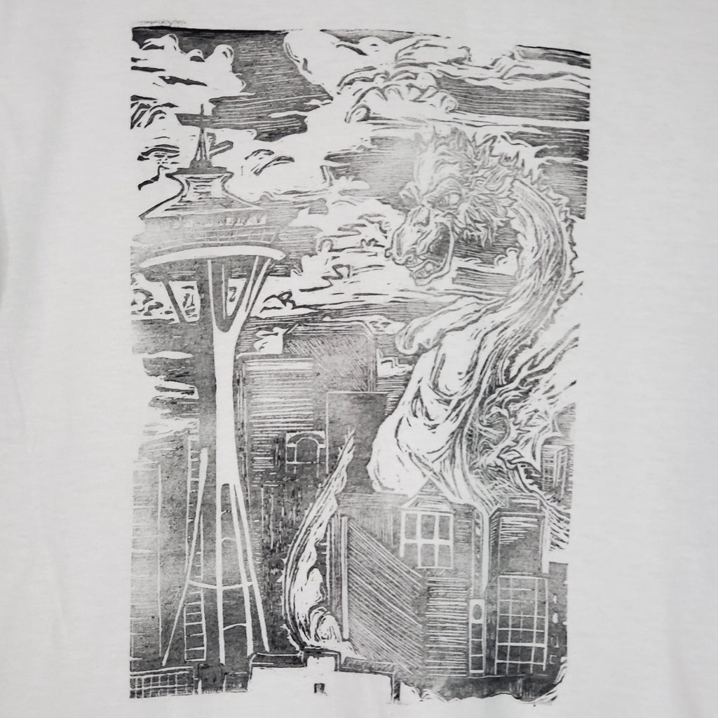Kaiju Dragon in Seattle - Hand Printed - Gildan T-Shirt (Adult S, M, L, XL)