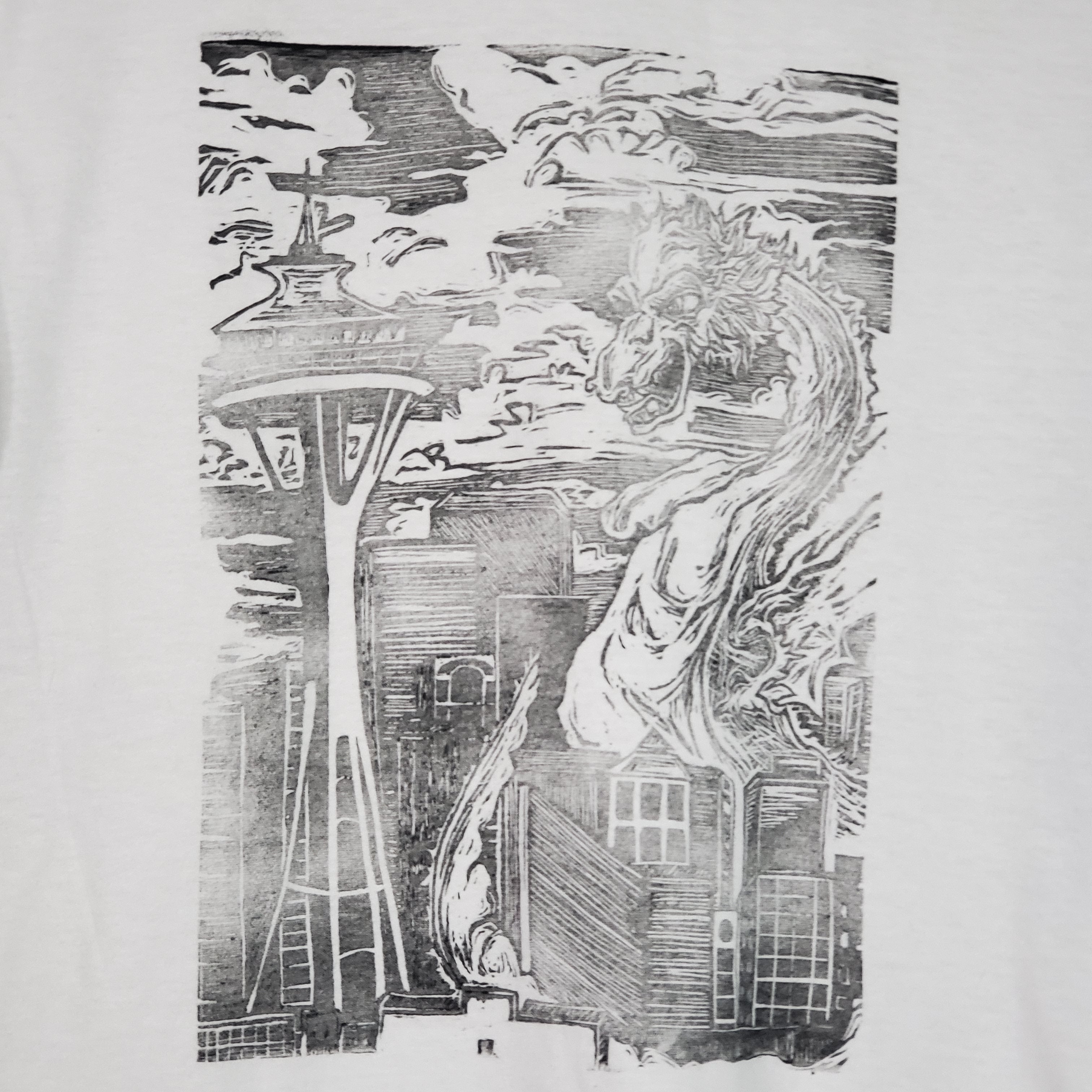 Kaiju Dragon in Seattle - Hand Printed - Gildan T-Shirt (Adult S, M, L, XL)