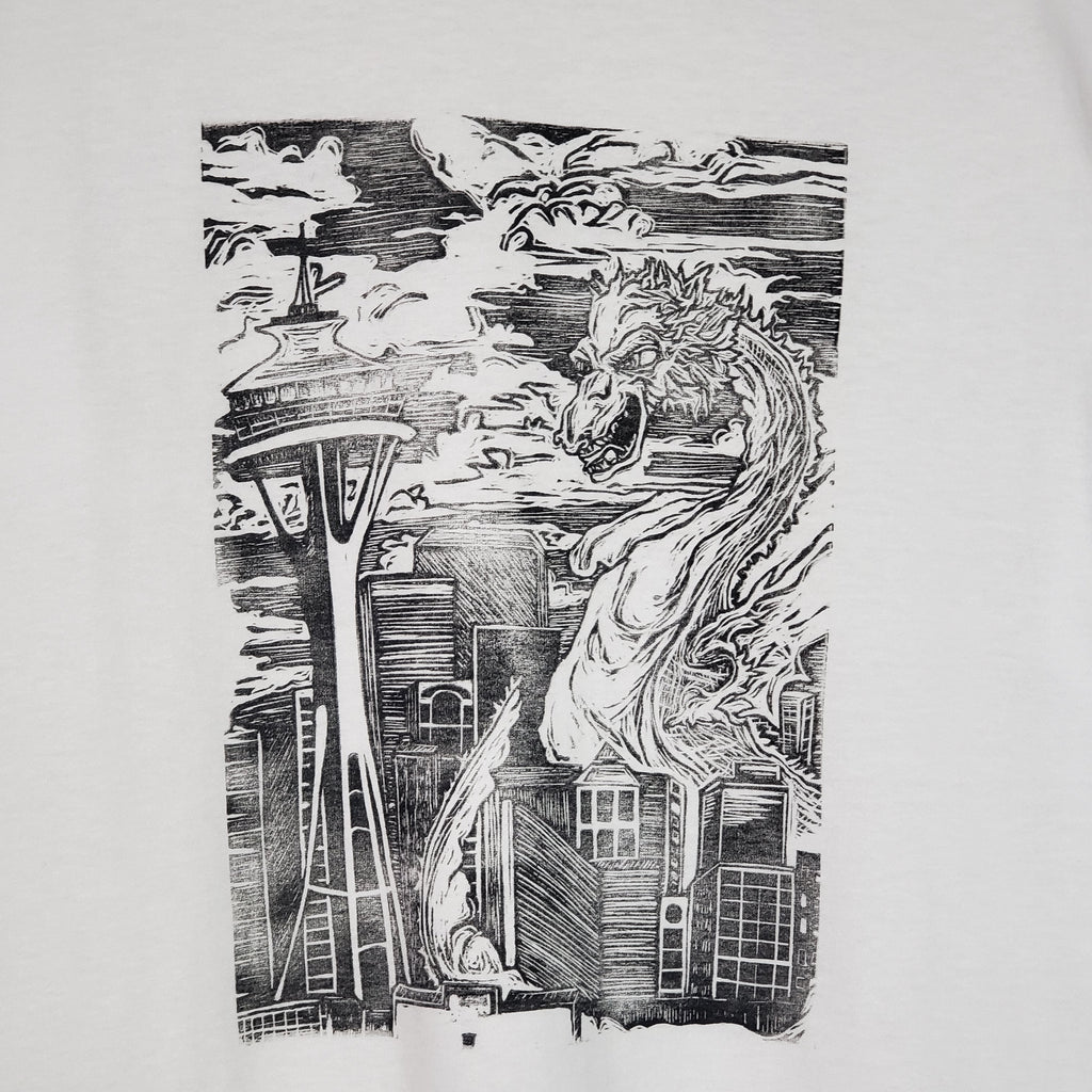 Kaiju Dragon in Seattle - Hand Printed - Gildan T-Shirt (Adult S, M, L, XL)