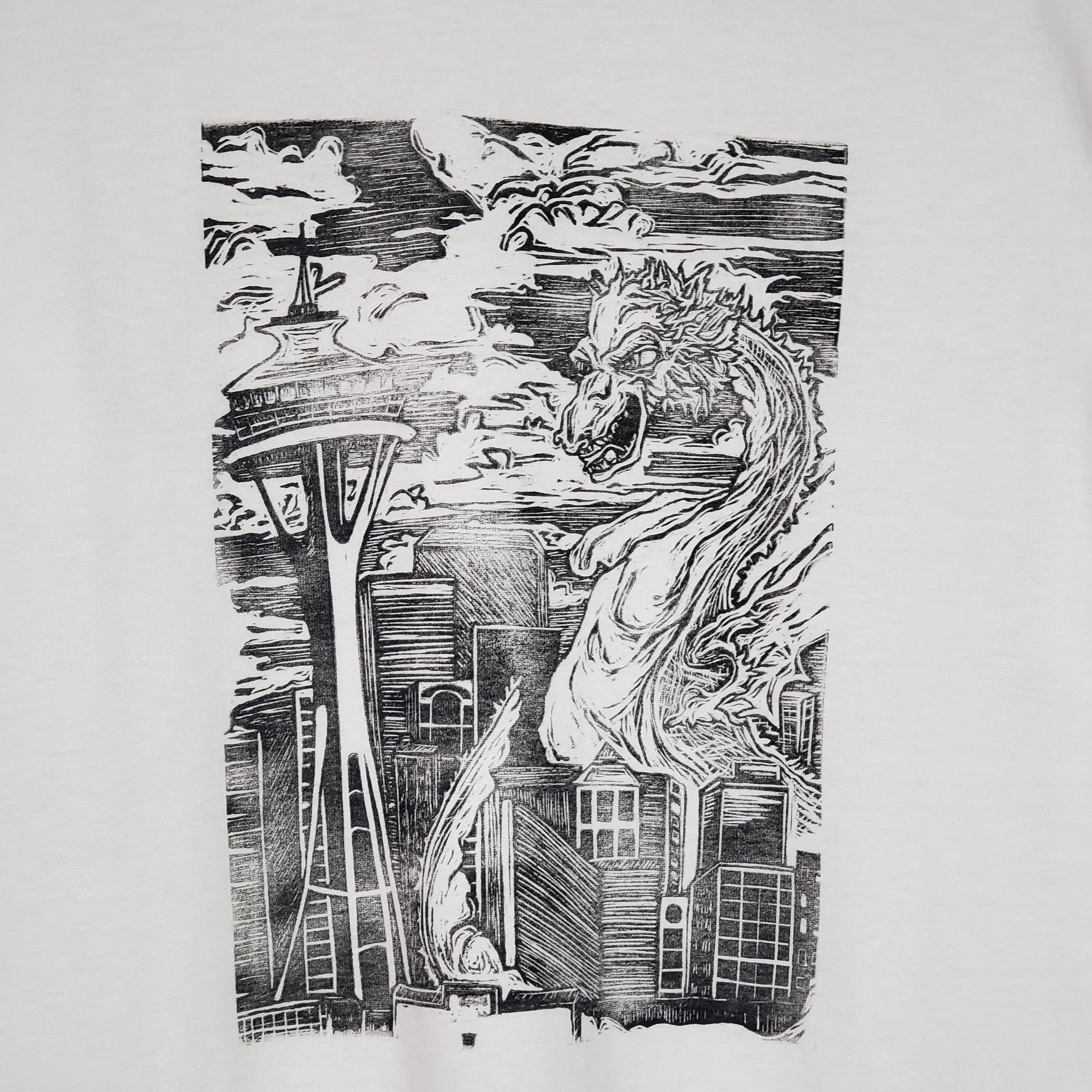 Kaiju Dragon in Seattle - Hand Printed - Gildan T-Shirt (Adult S, M, L, XL)