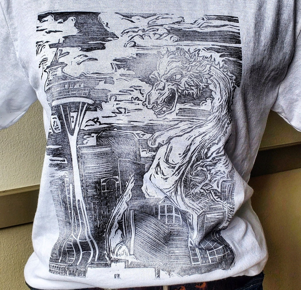 Kaiju Dragon in Seattle - Hand Printed - Gildan T-Shirt (Adult S, M, L, XL)