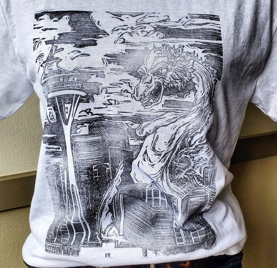Kaiju Dragon in Seattle - Hand Printed - Gildan T-Shirt (Adult S, M, L, XL)