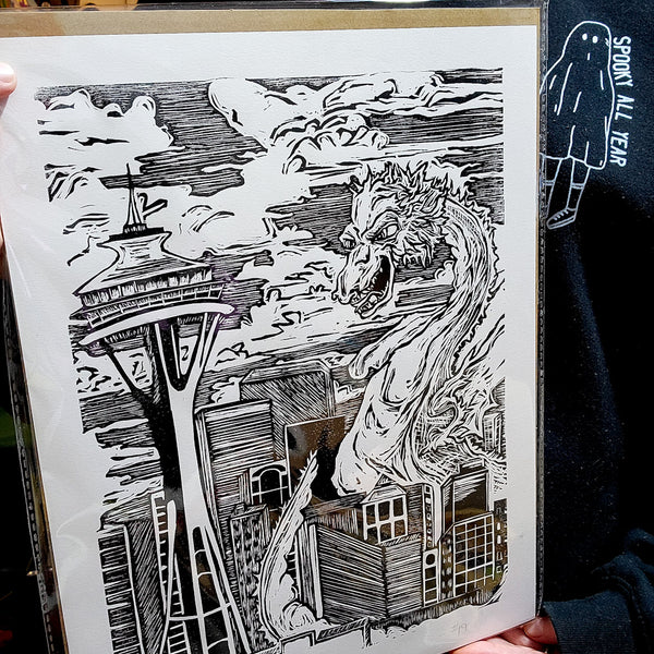 Kaiju Dragon in Seattle - Linoleum Block Print